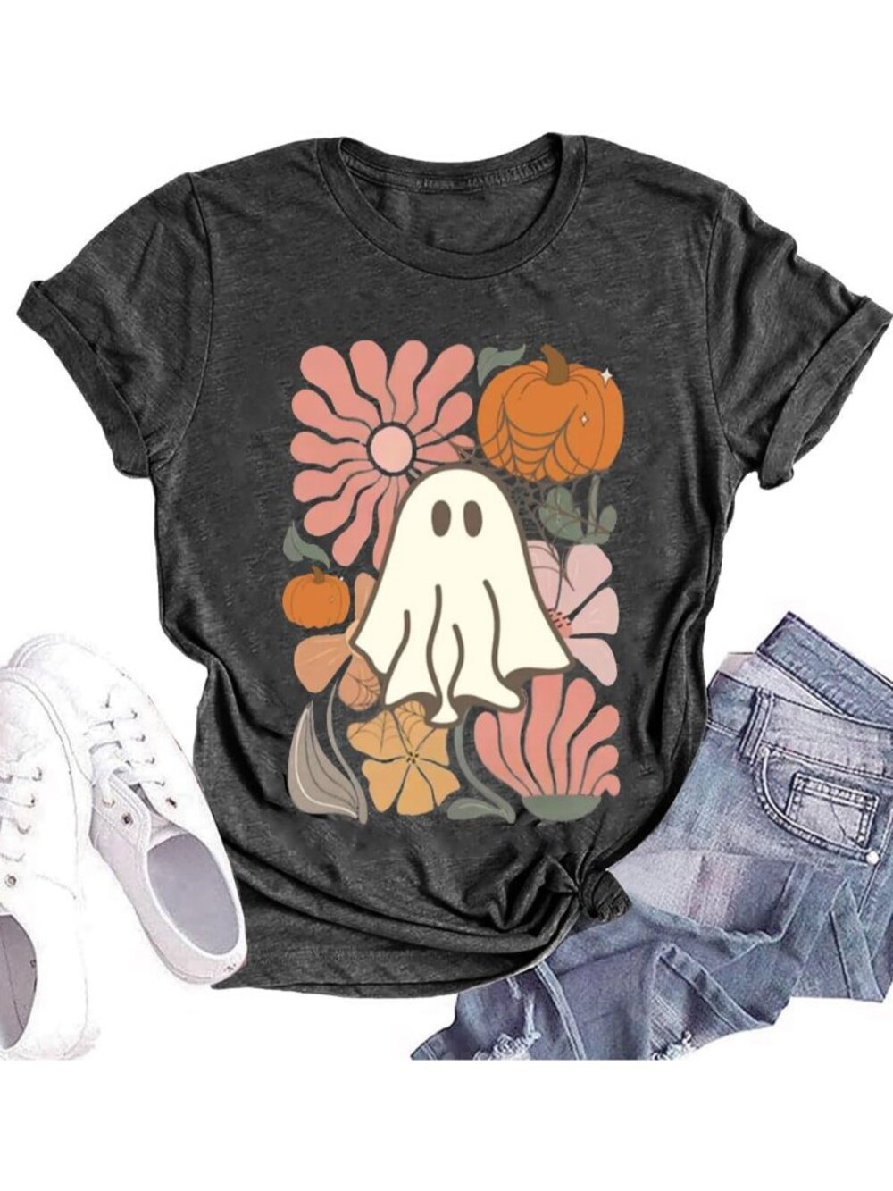 🆕 Women's Dark Grey Retro Ghost Floral Pumpkin Graphic Tee Short Sleeve Shirt
